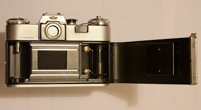 A Zenit E SLR camera with the back door open